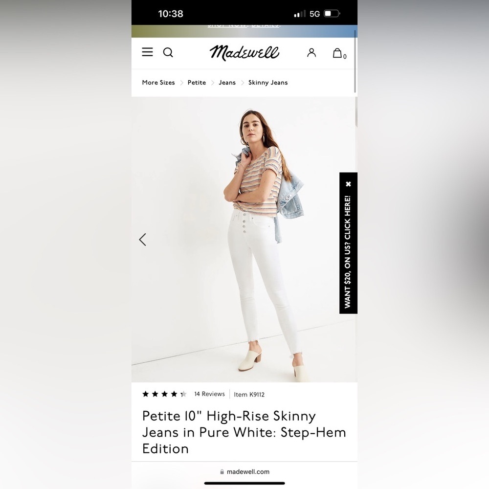 Madewell 10" High-Rise Skinny Jeans in Pure White: Step-Hem Edition, Size 26